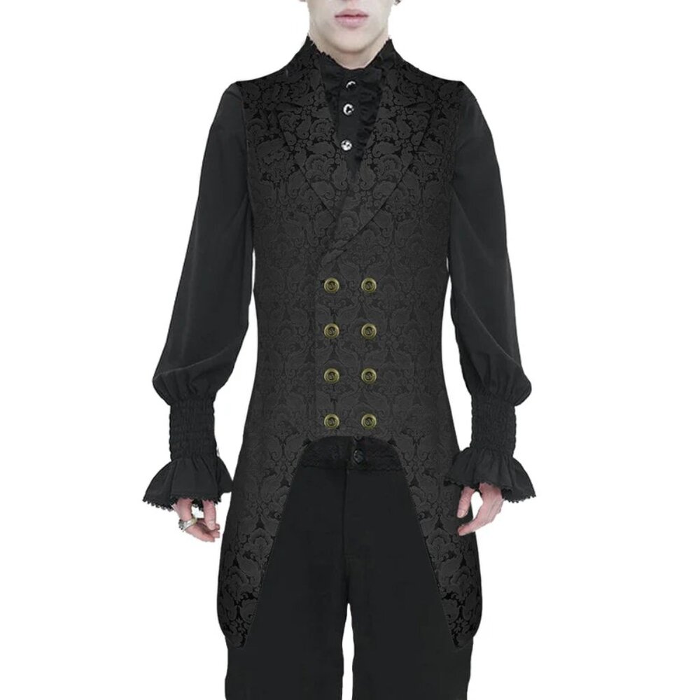 Men's Double Breasted Governor Vest Waistcoat Vtg Black Brocade Gothic Steampunk - Picture 3 of 4